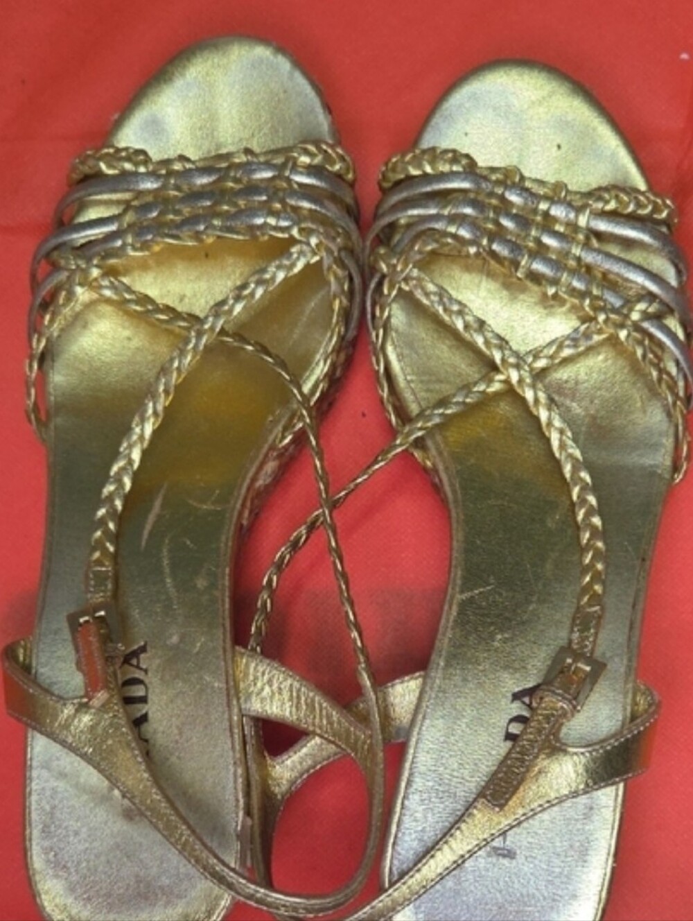 Prada metallic leather braided wedge sandals. - Picture 10 of 13